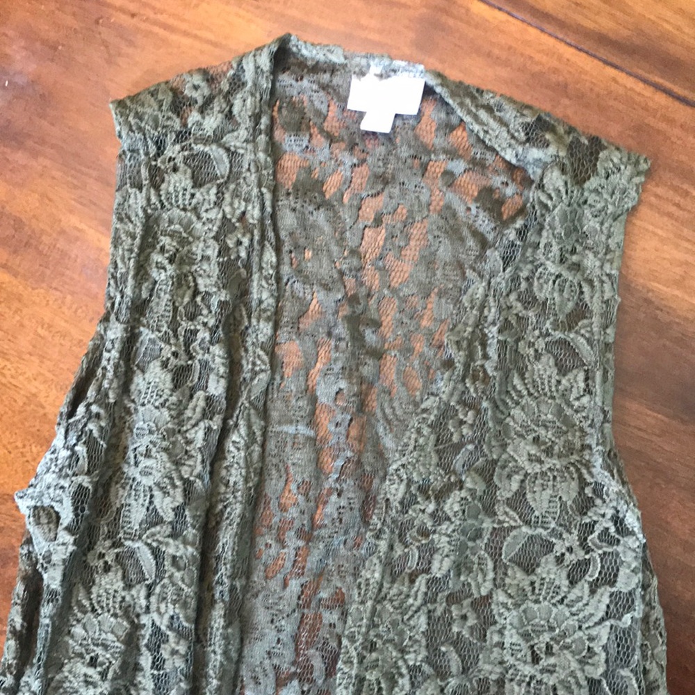 Lularoe lace Joy long vest - small, olive green